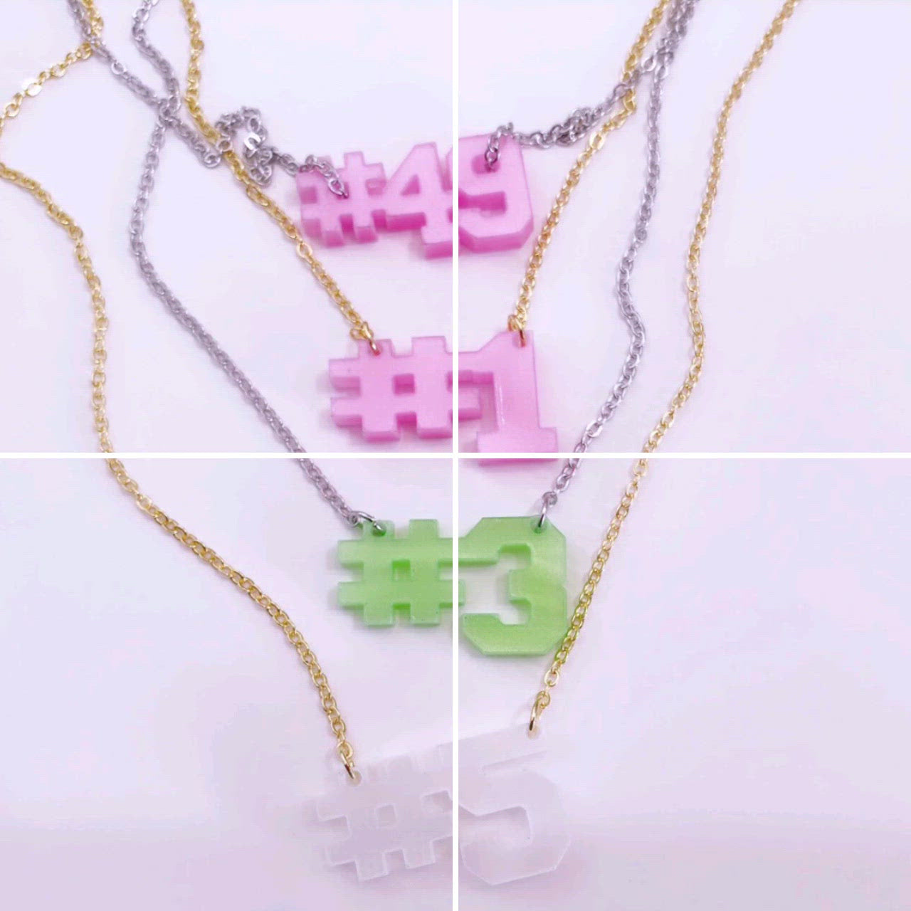 Handmade line number necklaces available in white, pink and green.