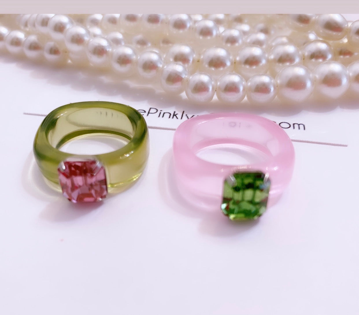 Custom designed by Chic Greek - Alpha Kappa Alpha Sorority inspired pink and green rings