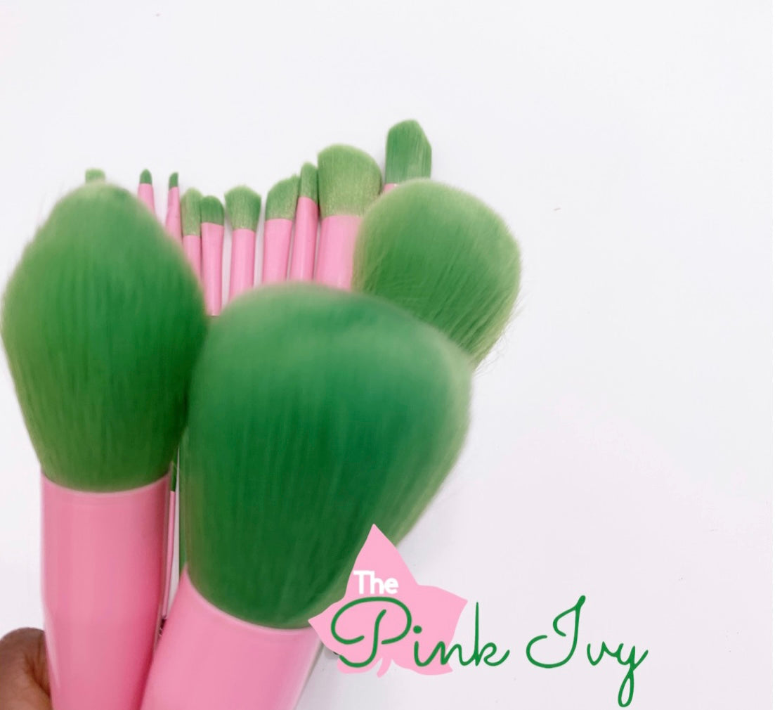 14 piece AKA sorority inspired pink and green makeup brush set