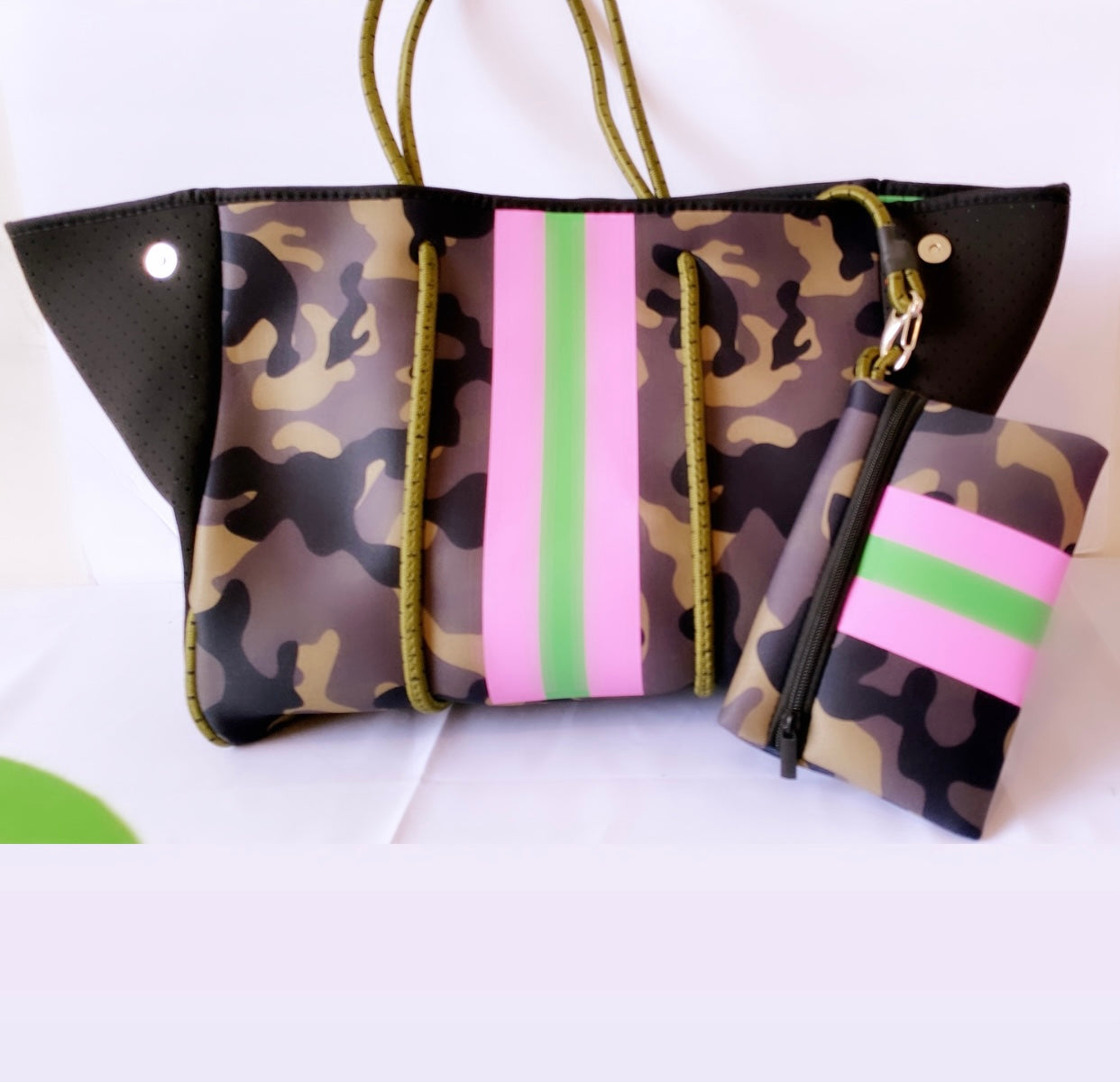  Crafters Cup Camo Neoprene Tote  Beach Tote, Gym Bag Matching  Wallet Included Green with Pink & Orange Stripes, Dark Green, Light Green,  Dark Pink, Light Pink, Black, Bight Pink, Gray