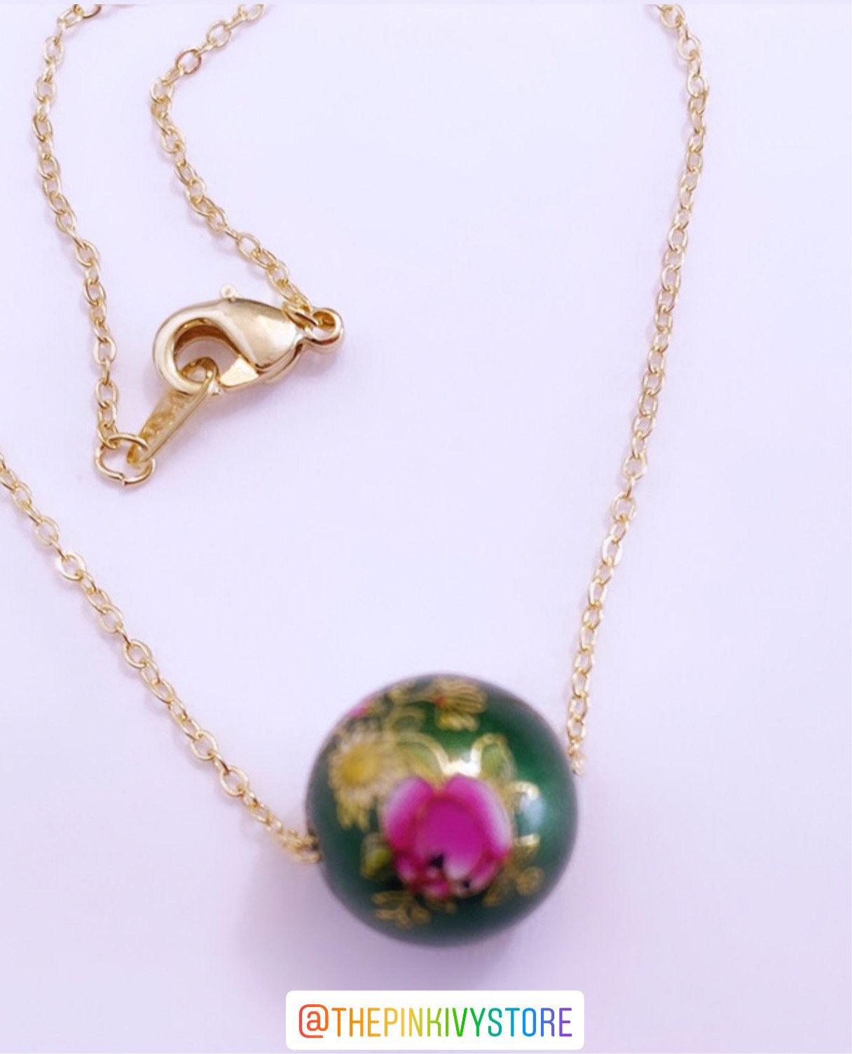 Pink rose charm AKA necklace with gold chain, 