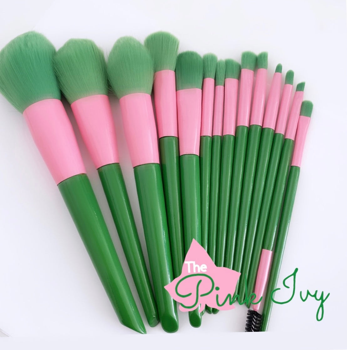 14 piece premium pink and green makeup brush set